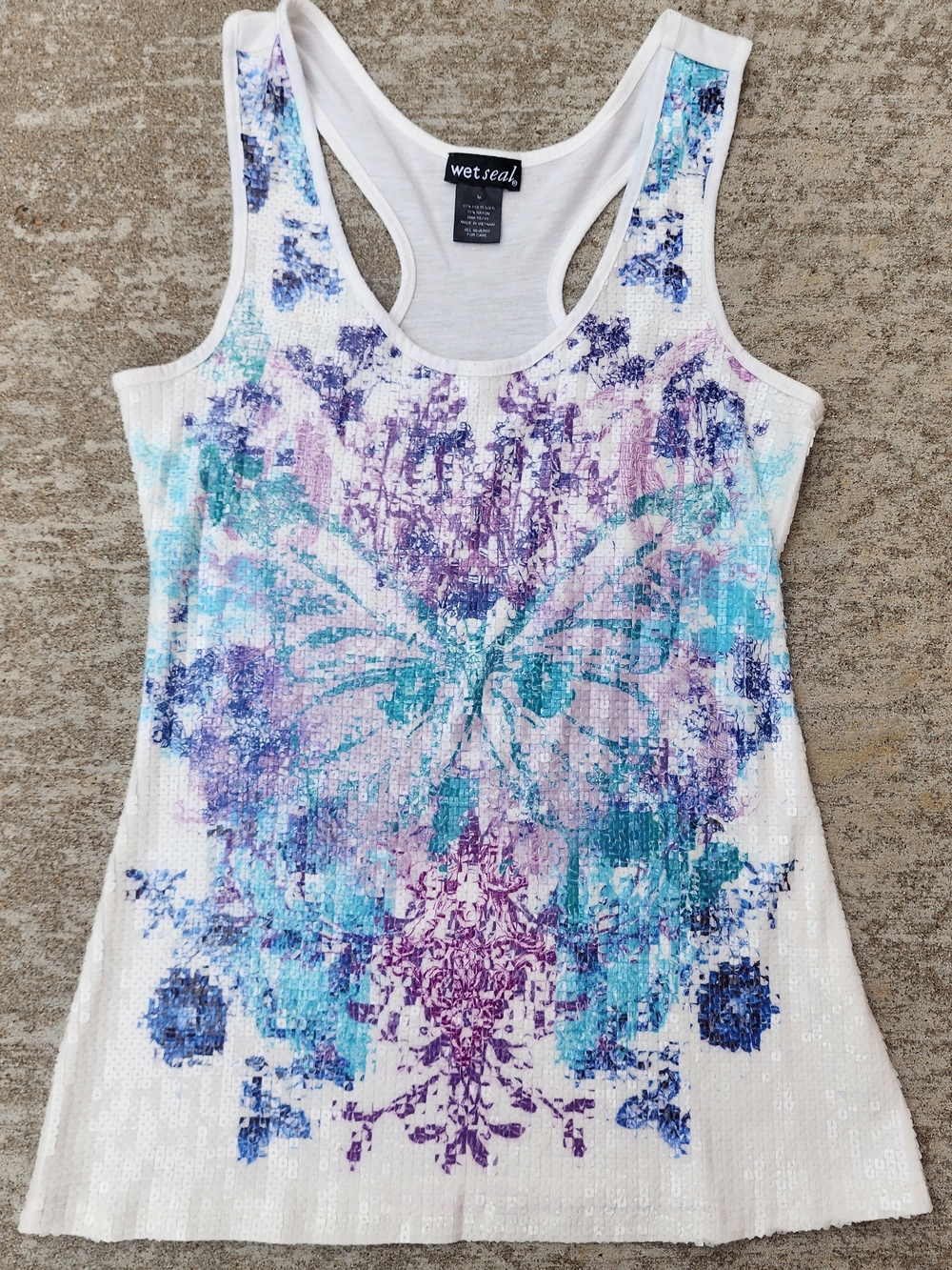Y2K Wet Seal White Sequin Butterfly Purple Teal Blue Racerback Fairy Tank Top, M